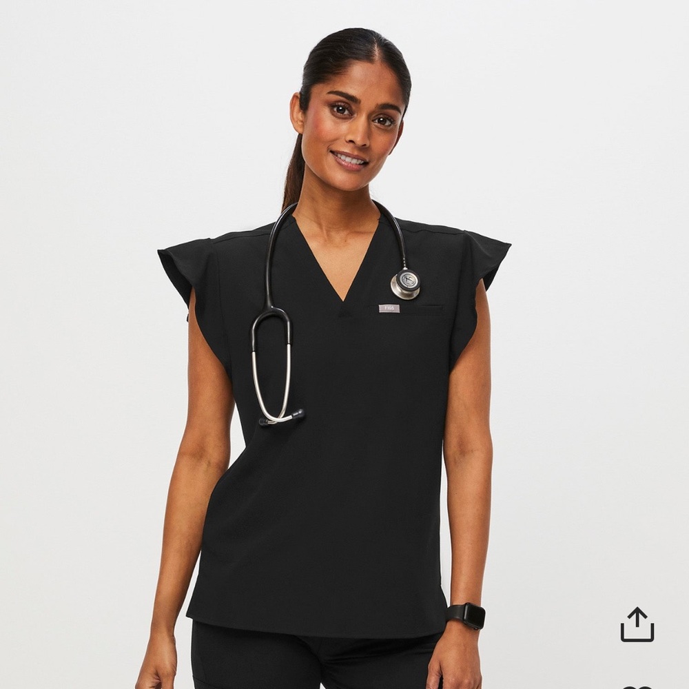 Large black flutter sleeve figs top